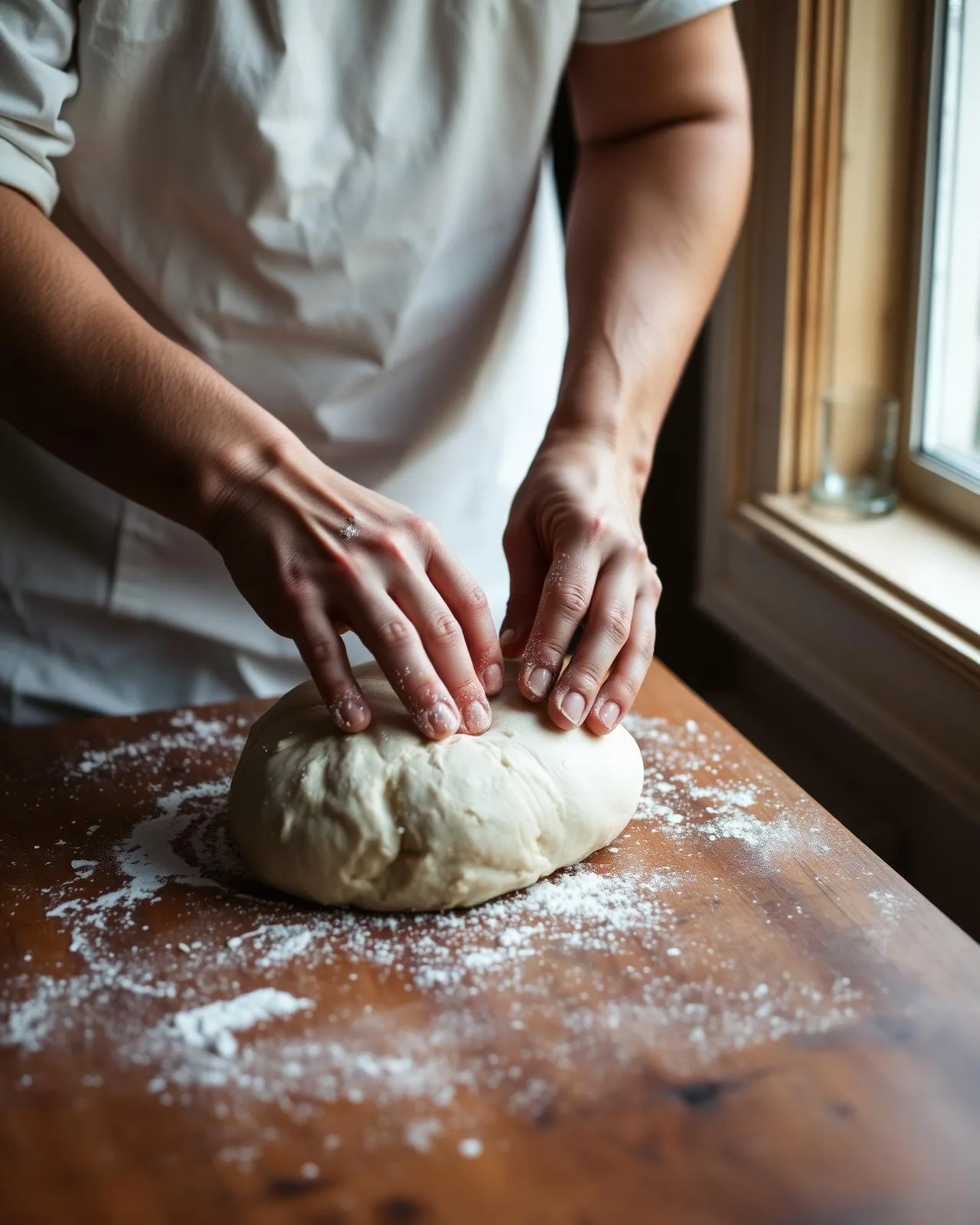 Hands shaping bread dough on a flour-dusted counter