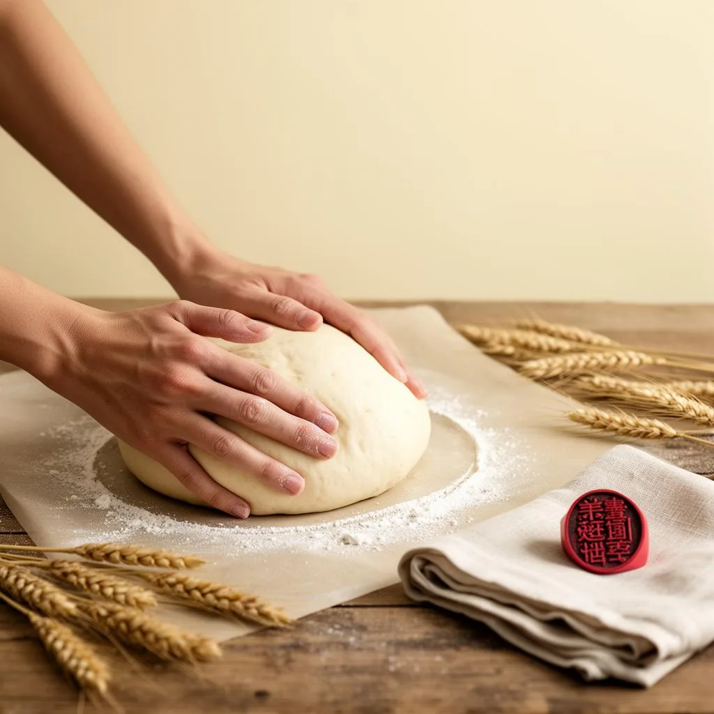 Hands shaping milk bread dough on parchment with wheat ears and a vermillion Chinese seal
